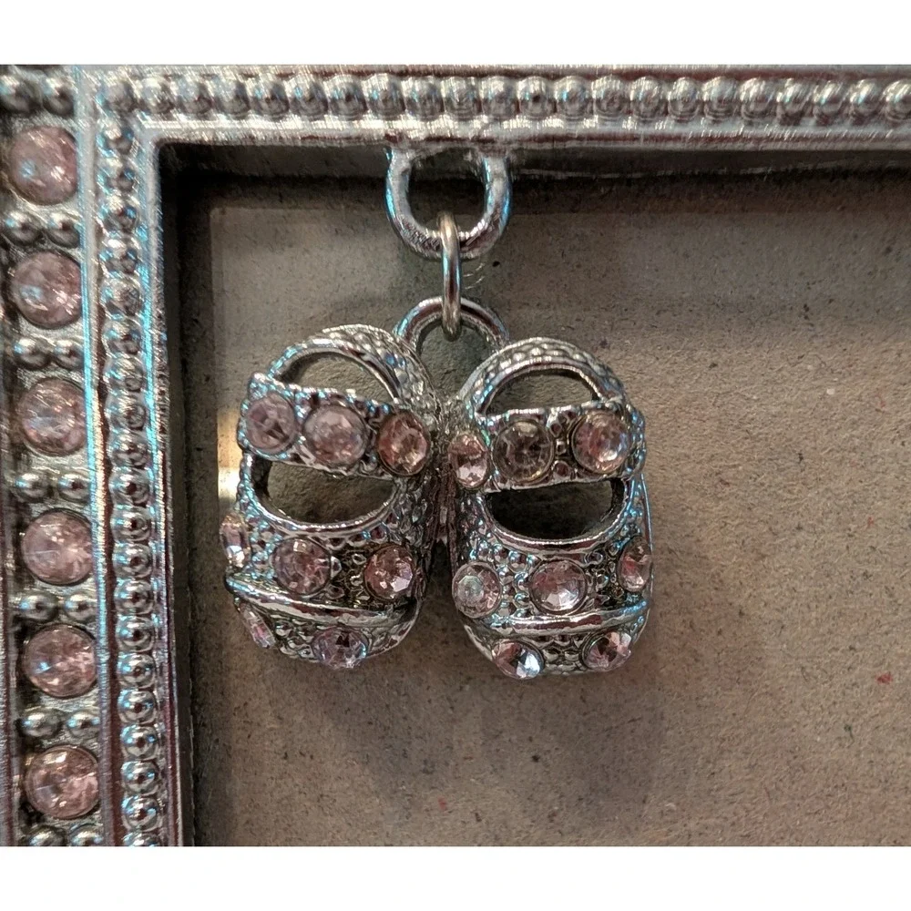 Enamel & Metal Picture Frame/Pink Rhinestones/Baby Shoes Charm/Silver Color